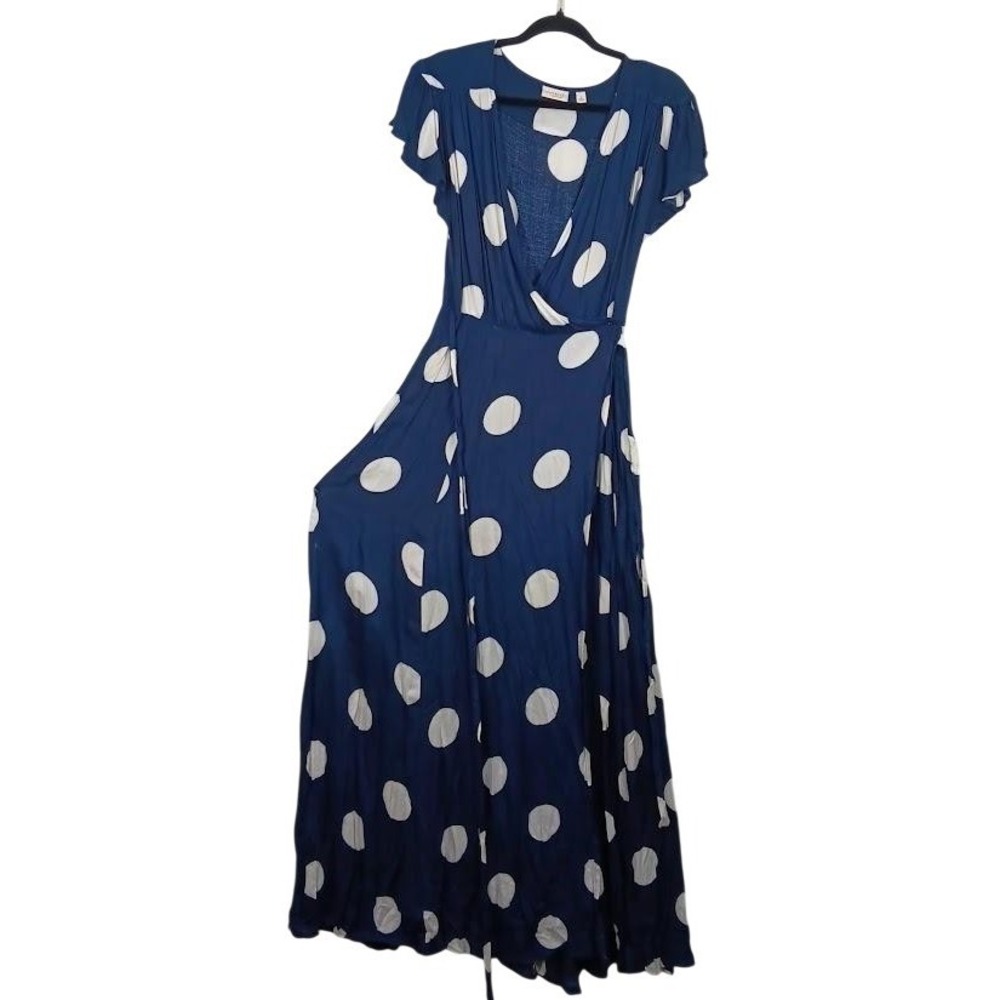 Eva Mendes New York & Company Dress Womens Medium Blue Polka Dot Maxi Wrap